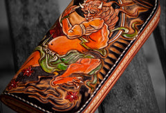 Handmade leather long tooled wallet black Thor men Carved Tooled wallet