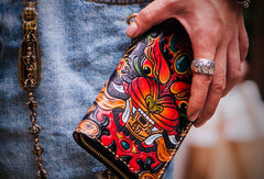 Handmade leather Chinese Monster biker wallet clutch zip long wallet black leather men phone