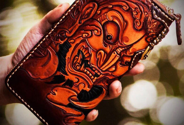 Handmade leather prajna biker wallet chain long wallets brown leather for men CJ05882096