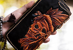 Handmade leather Indian Skull Chief biker wallet clutch zip long wallet brown leather men phone - EverHandmade