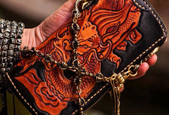 Handmade leather Chinese Dragon biker wallet clutch zip long wallet black leather men phone
