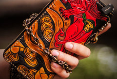 Handmade leather Chinese Monster biker wallet clutch zip long wallet black leather men phone