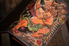 Handmade leather long tooled wallet black Thor men Carved Tooled wallet