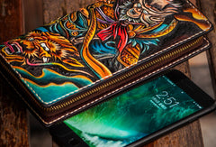 Handmade leather black monkey king biker wallet clutch zip long wallet brown leather men Tooled - EverHandmade