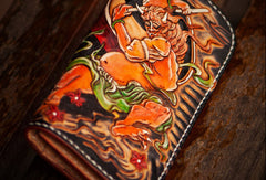 Handmade leather long tooled wallet black Thor men Carved Tooled wallet