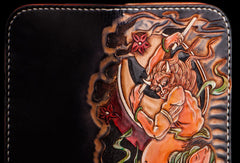 Handmade leather long tooled wallet black Thor men Carved Tooled wallet