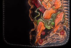 Handmade leather long tooled wallet black Thor men Carved Tooled wallet