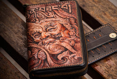 Handmade leather Sea God biker wallet clutch zip long wallet brown leather men Tooled