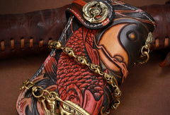 Handmade leather biker trucker Chinese carp wallet leather chain men Black Tooled wallet - EverHandmade