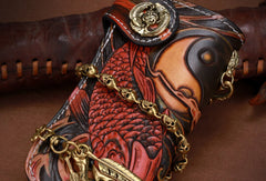 Handmade leather biker trucker Chinese carp wallet leather chain men Black Tooled wallet