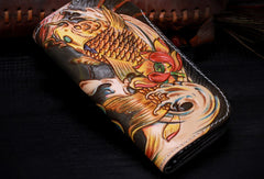 Handmade leather biker trucker Chinese carp wallet leather chain men Black Tooled wallet - EverHandmade