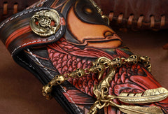 Handmade leather biker trucker Chinese carp wallet leather chain men Black Tooled wallet - EverHandmade