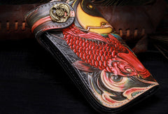 Handmade leather biker trucker Chinese carp wallet leather chain men Black Tooled wallet - EverHandmade