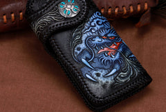 Handmade leather biker trucker Chinese Dragon wallet leather chain men Black Tooled wallet - EverHandmade
