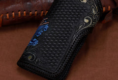 Handmade leather biker trucker Chinese Dragon wallet leather chain men Black Tooled wallet - EverHandmade