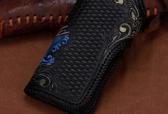 Handmade leather biker trucker Chinese Dragon wallet leather chain men Black Tooled wallet