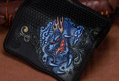 Handmade leather biker trucker Chinese Dragon wallet leather chain men Black Tooled wallet - EverHandmade
