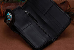 Handmade leather biker trucker Chinese Dragon wallet leather chain men Black Tooled wallet - EverHandmade