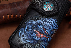 Handmade leather biker trucker Chinese Dragon wallet leather chain men Black Tooled wallet - EverHandmade