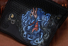 Handmade leather biker trucker Chinese Dragon wallet leather chain men Black Tooled wallet - EverHandmade