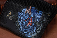 Handmade leather biker trucker Chinese Dragon wallet leather chain men Black Tooled wallet
