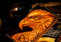 Handmade leather eagle Tooled biker chain wallet long wallet leather men