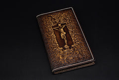 Handmade cross Christ vintage brown leather hand painted dyed notebook/travel book/diary/journal