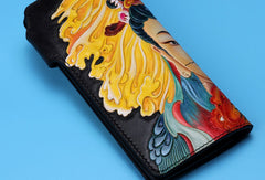 Handmade Long leather biker trucker Guanyin wallet leather chain men Black Carved Tooled wallet - EverHandmade