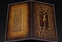 Handmade cross Christ vintage brown leather hand painted dyed notebook/travel book/diary/journal