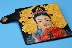 Handmade Long leather biker trucker Guanyin wallet leather chain men Black Carved Tooled wallet - EverHandmade