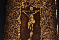 Handmade cross Christ vintage brown leather hand painted dyed notebook/travel book/diary/journal