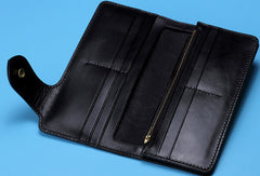 Handmade Long leather biker trucker Guanyin wallet leather chain men Black Carved Tooled wallet - EverHandmade