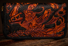 Handmade leather black&White biker wallet clutch zip long wallet brown leather men Tooled