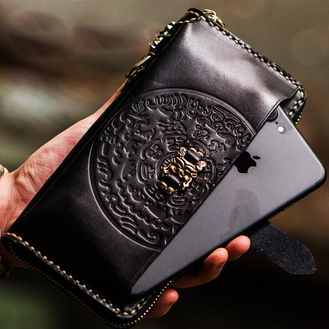 Handmade leather Tibet zipper biker wallet long wallet black leather men phone - EverHandmade