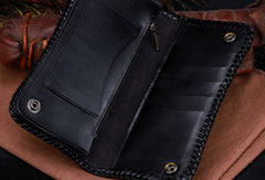Handmade leather alligator skin long biker trucker wallet leather clutch men Black Tooled wallet - EverHandmade