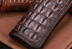 Handmade leather alligator skin long biker trucker wallet leather clutch men Black Tooled wallet - EverHandmade