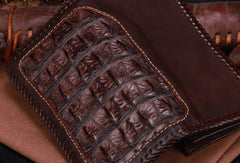 Handmade leather alligator skin long biker trucker wallet leather clutch men Black Tooled wallet - EverHandmade