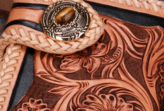 Handmade leather biker trucker beige black floral wallet leather chain men Black Tooled wallet