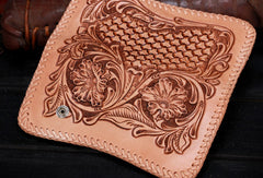 Handmade leather biker trucker beige floral wallet leather chain men Black Tooled wallet