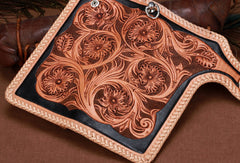 Handmade leather biker trucker beige black floral wallet leather chain men Black Tooled wallet