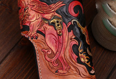 Handmade leather Long biker trucker wallet leather chain men Black Carved Tooled wallet