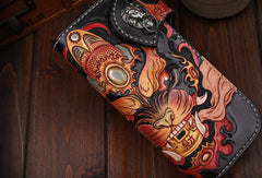 Handmade leather Long biker trucker wallet leather chain men Black Carved Tooled wallet