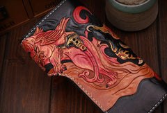 Handmade leather Long biker trucker wallet leather chain men Black Carved Tooled wallet