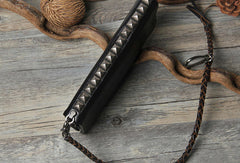 Leather biker trucker wallet leather chain men Black zip chain long wallet - EverHandmade