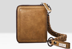 Leather biker billfold trucker wallet leather chain men Black Red long wallet - EverHandmade