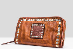 Handmade long wallet rivet leather men phone clutch vintage wallet for men