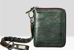 Leather biker billfold trucker wallet leather chain men Black Red long wallet - EverHandmade