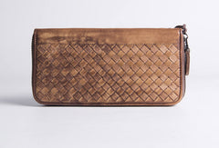 Handmade braided long wallet leather men phone zip clutch vintage wallet for men