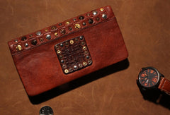 Handmade long wallet leather men rivet clutch vintage wallet for men