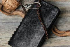 Leather biker trucker wallet leather chain men Black zip chain long wallet